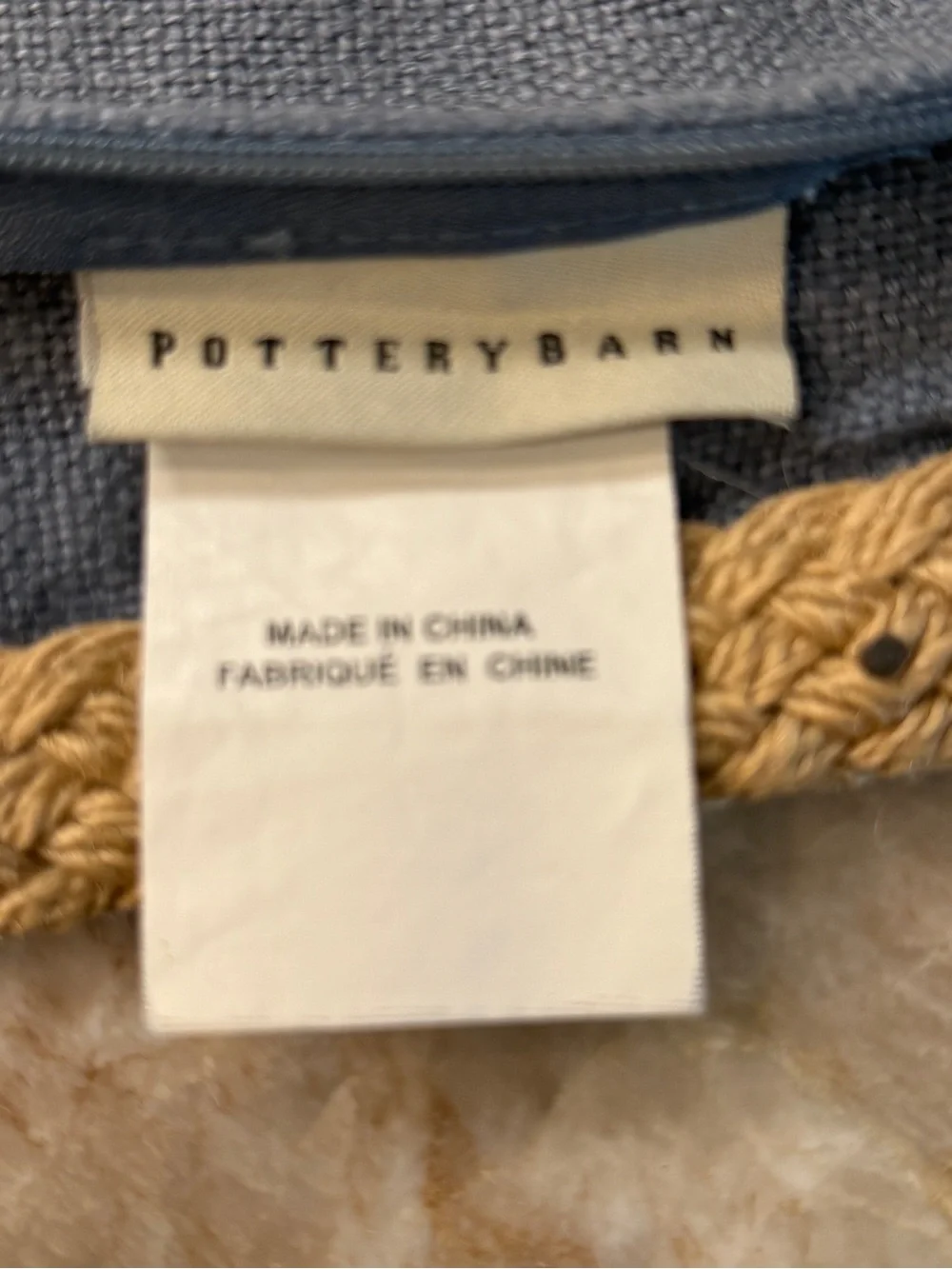 3 Pottery Barn 22x22 Blue Linen Pillow Covers with Burlap and braided Trim